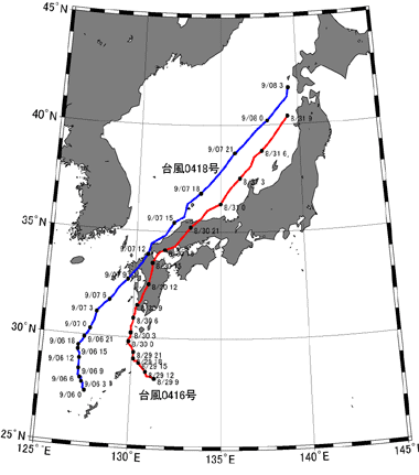 平成16年16号・18号台風台風進路